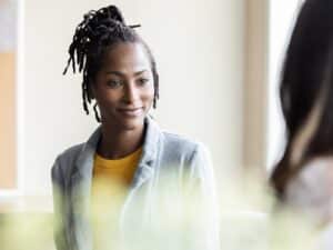 Professional female headshot in interview